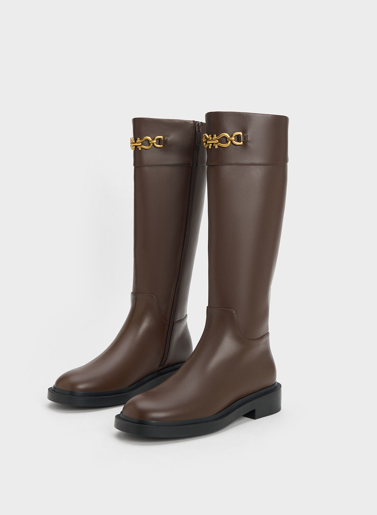 Bryn Metallic Chain Accent Knee-High Boots, Dark Brown, hi-res