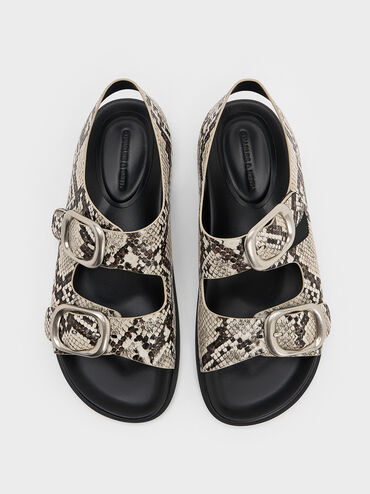Snake-Print Buckled Double-Strap Slingback Sandals, Animal Print Natural, hi-res