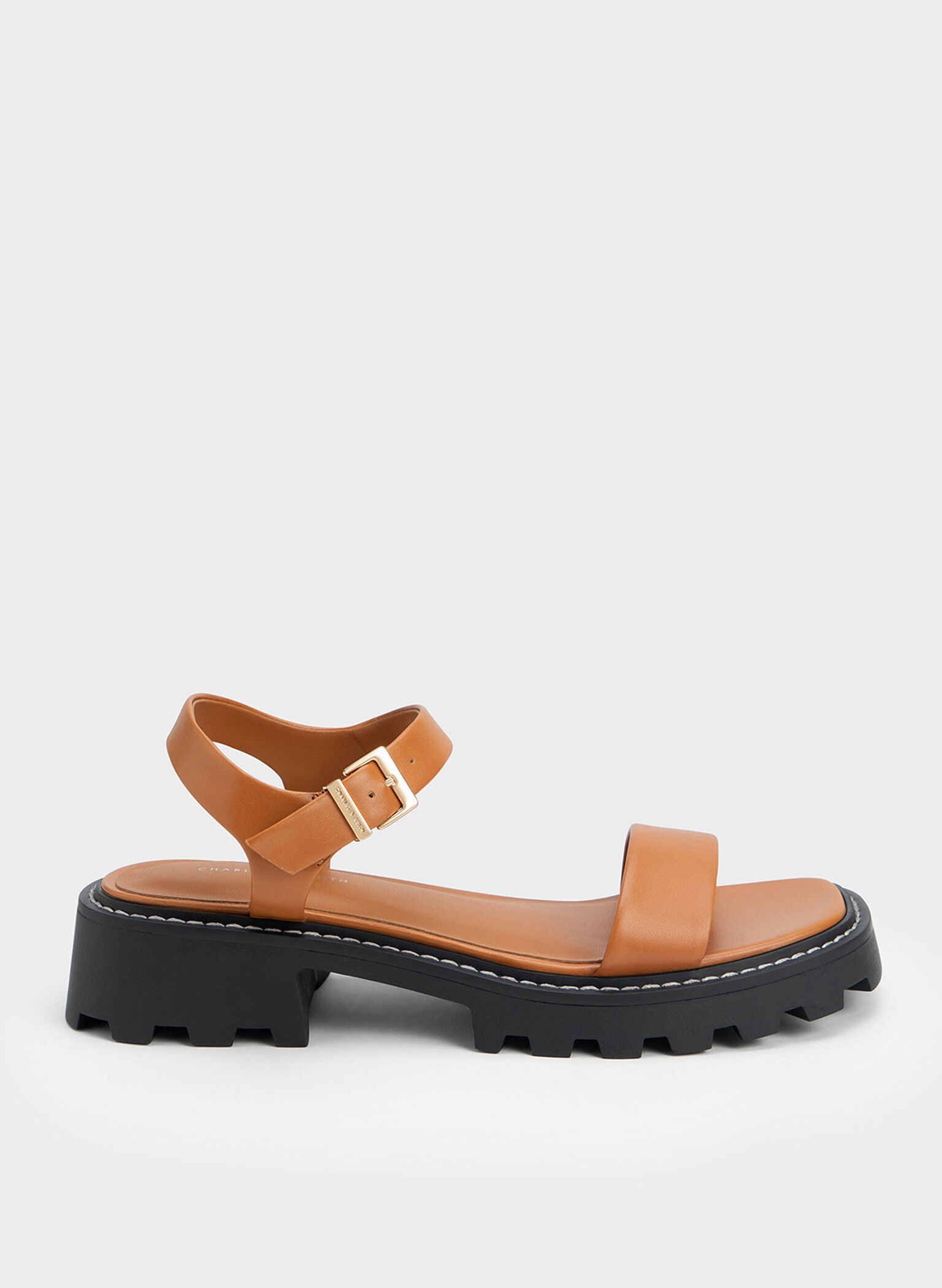 Stitch-Trim Buckled Sandals, Cognac, hi-res