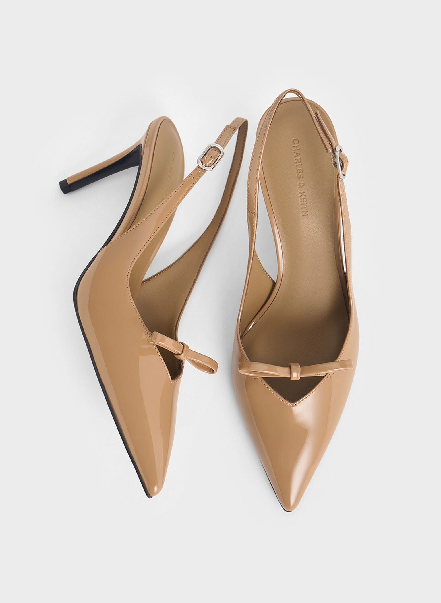 Patent Bow Slingback Pumps, Caramel, hi-res