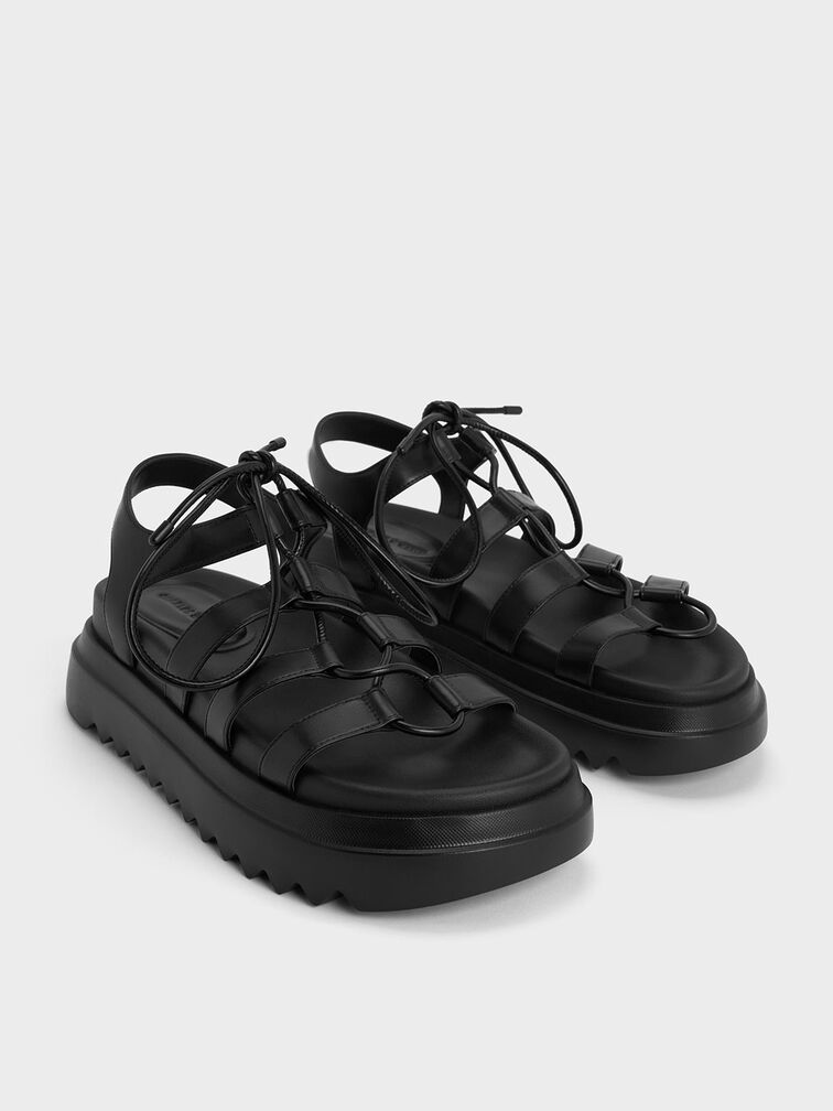Gladiator Lace-Up Flatform Sandals, Black, hi-res