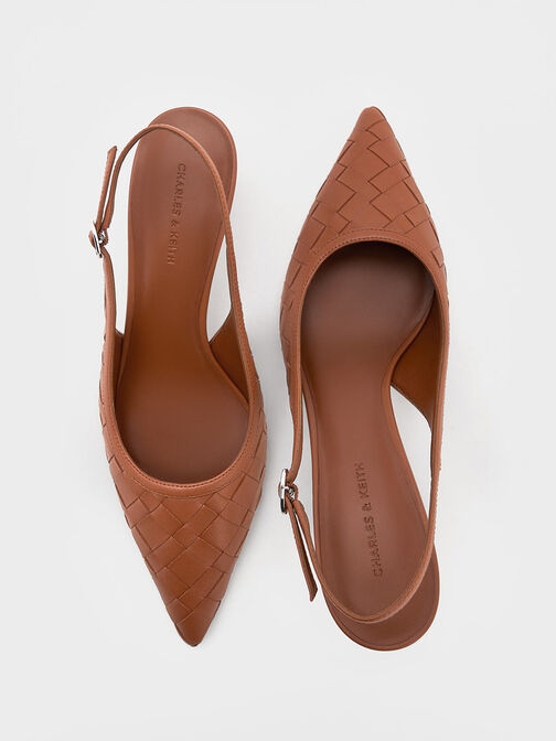 Woven Pointed-Toe Slingback Pumps, Brown, hi-res