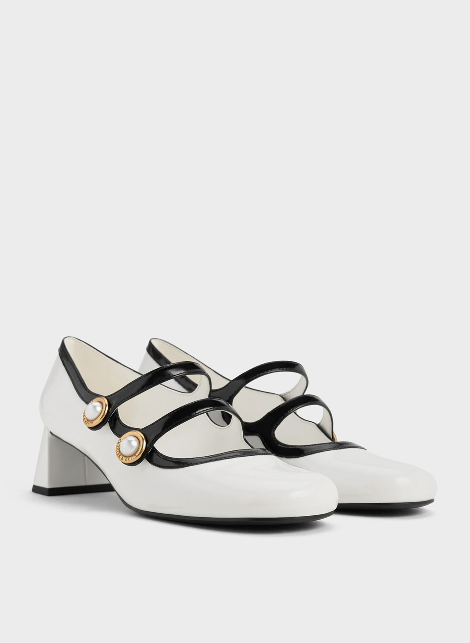 Pearl-Buckle Two-Tone Mary Jane Pumps, White, hi-res
