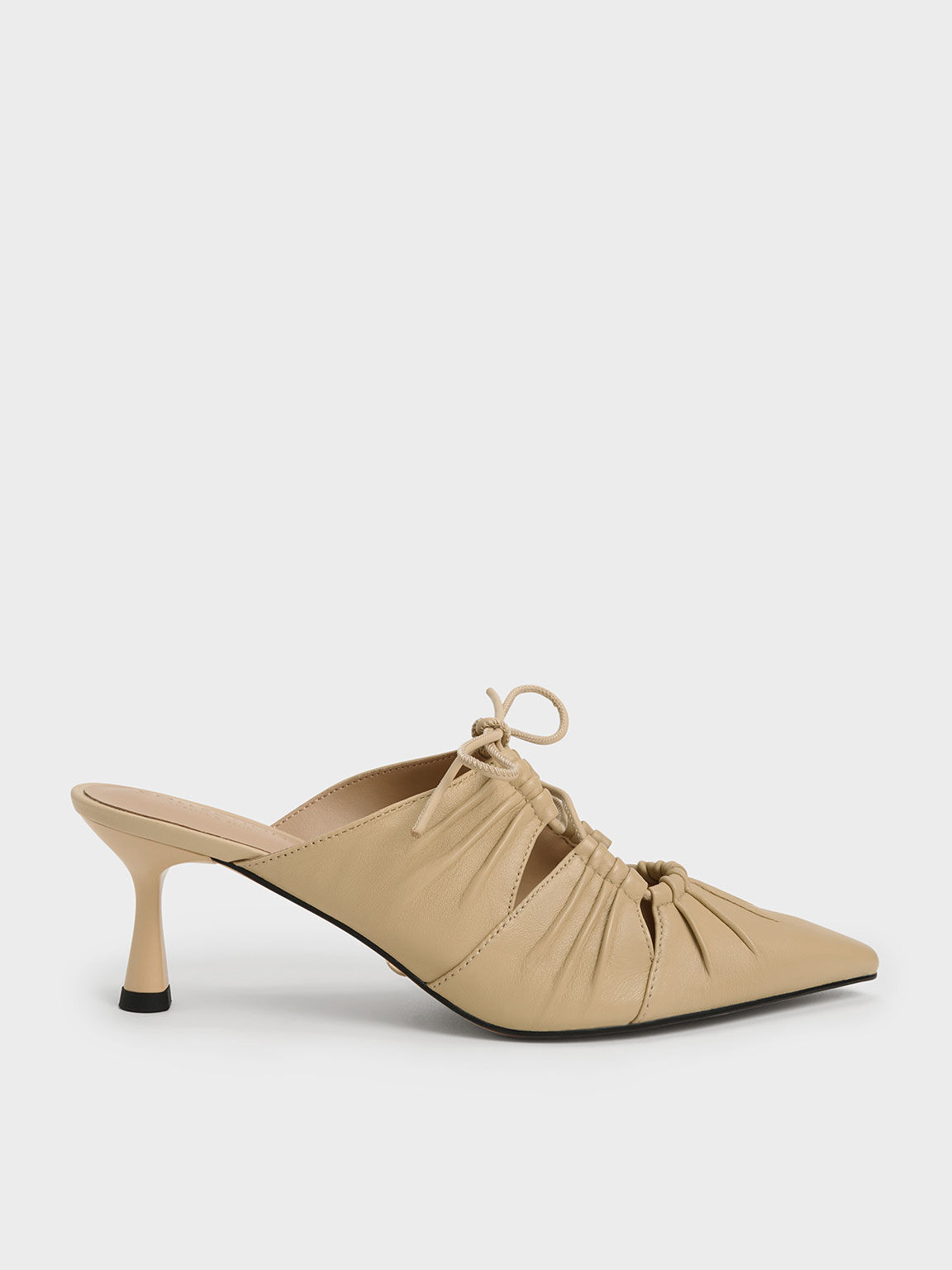 Landis Leather Ruched Bow Tie Mules Sand
