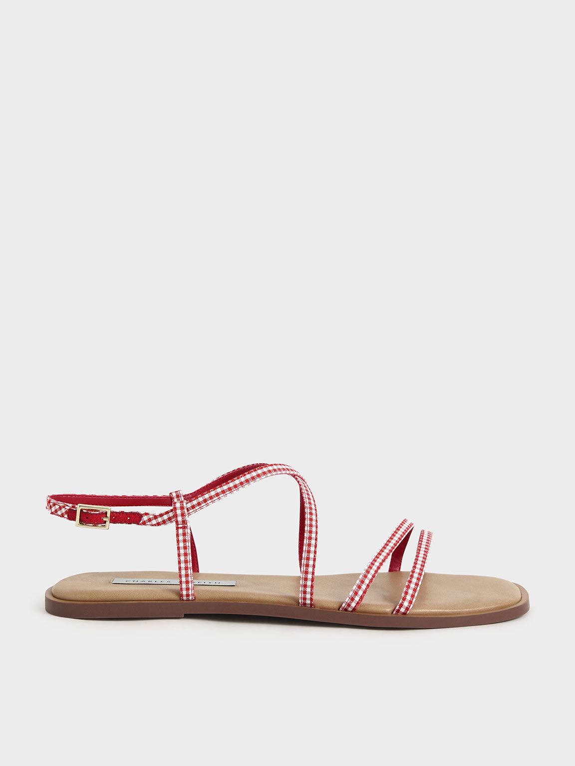 Check-Print Strappy Flat Sandals, Red, hi-res