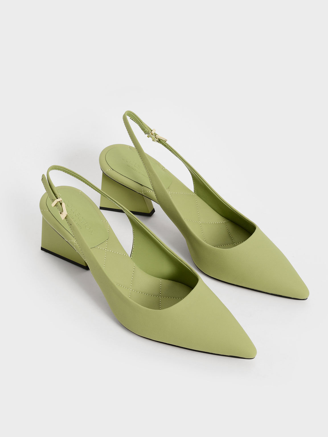 Leather Pointed Toe Slingback Pumps, Green, hi-res