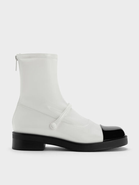Front-Strap Two-Tone Ankle Boots, White, hi-res