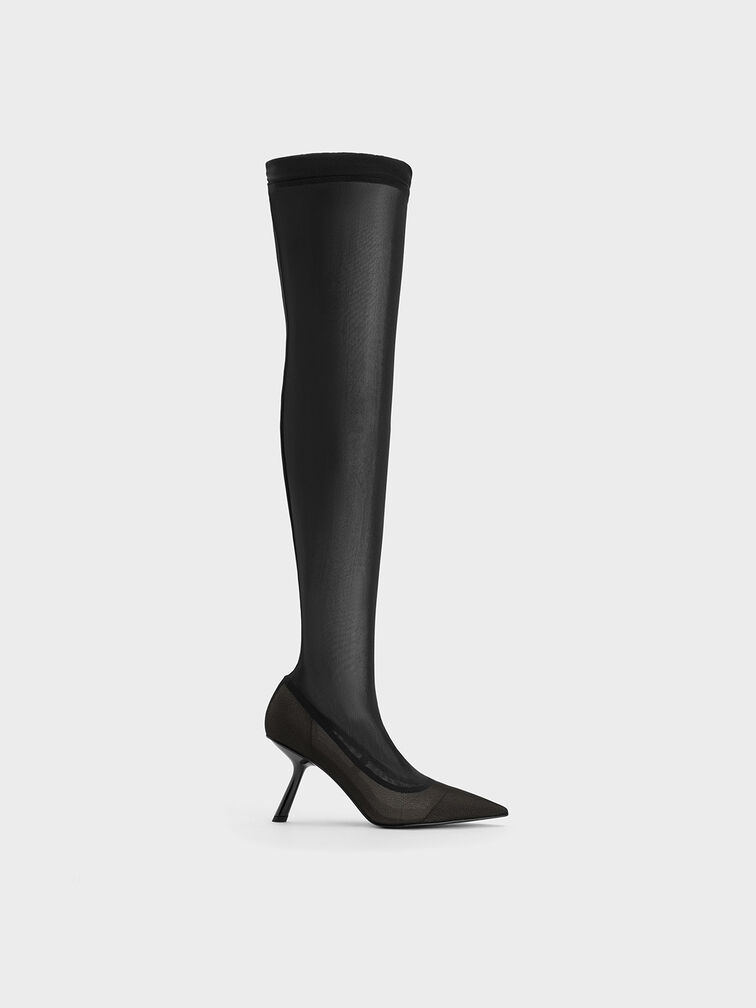 Mesh Slant-Heel Thigh-High Boots, Black Textured, hi-res