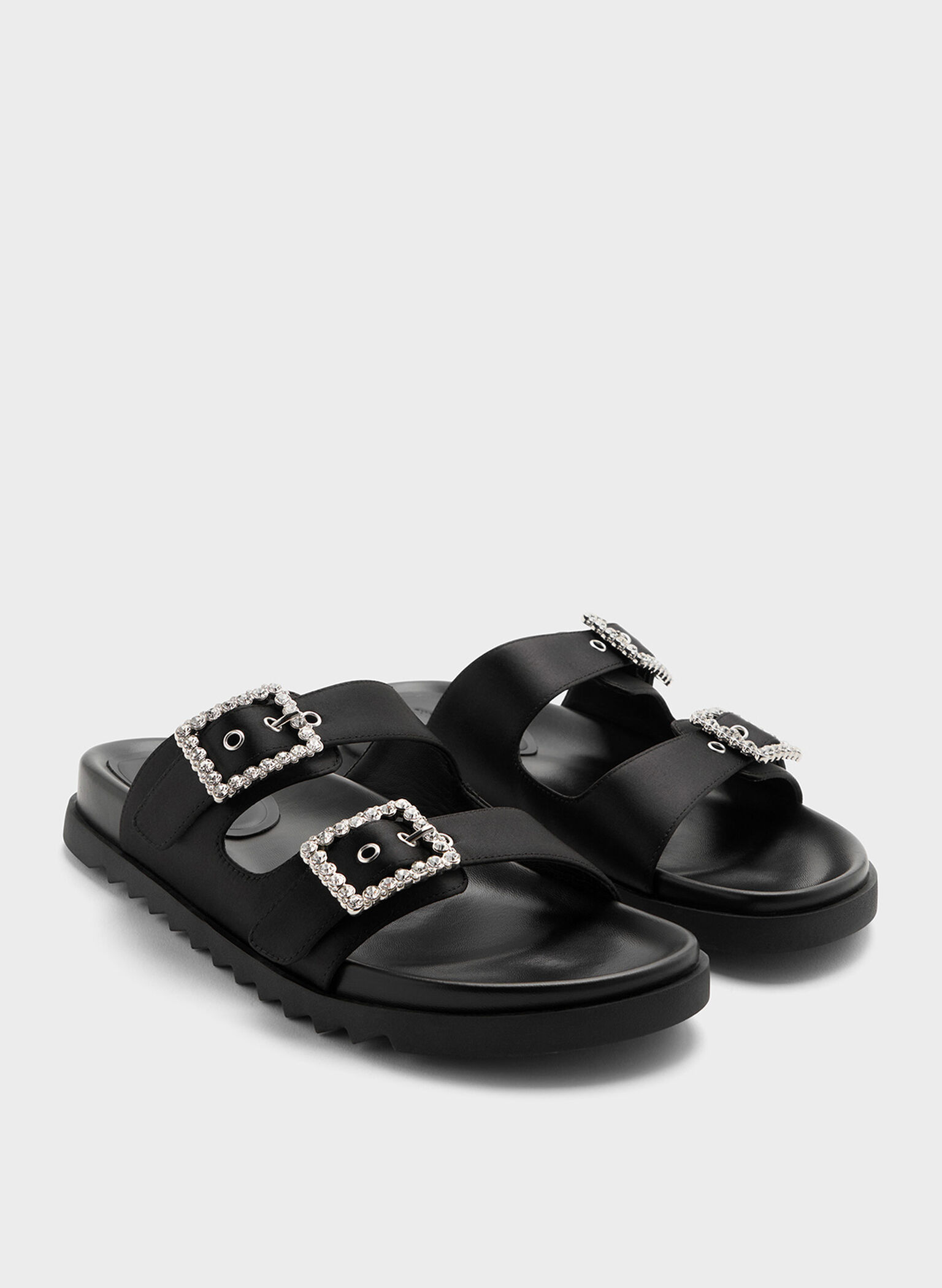 Recycled Polyester Gem-Buckle Double-Strap Sandals, Black Textured, hi-res