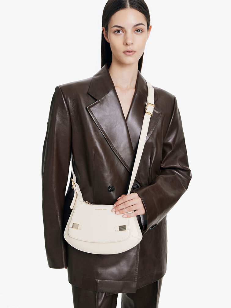 Chalk Metallic-Accent Curved Shoulder Bag - CHARLES & KEITH UK