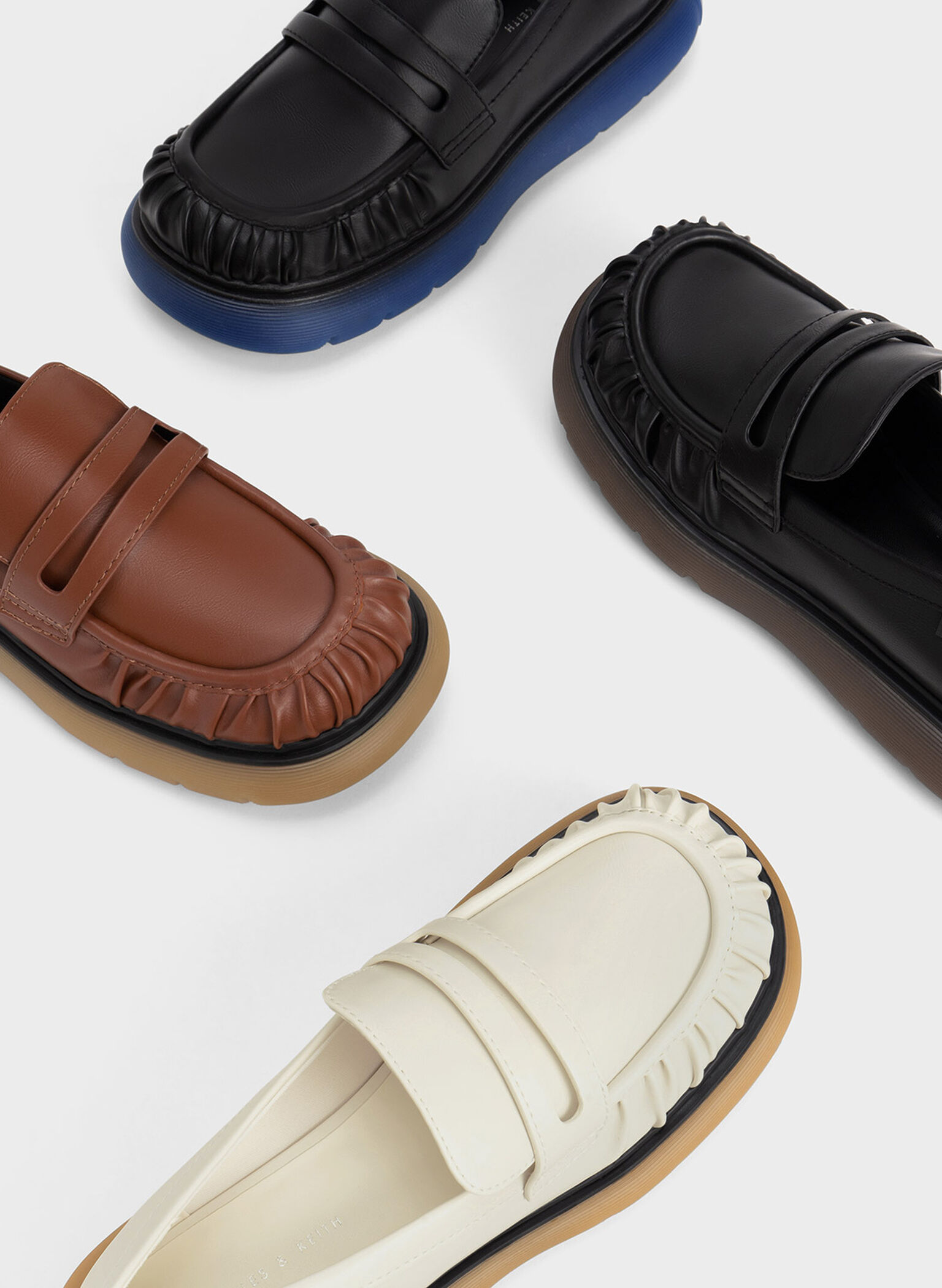 Ruched Ridged-Sole Penny Loafers, Black Textured, hi-res