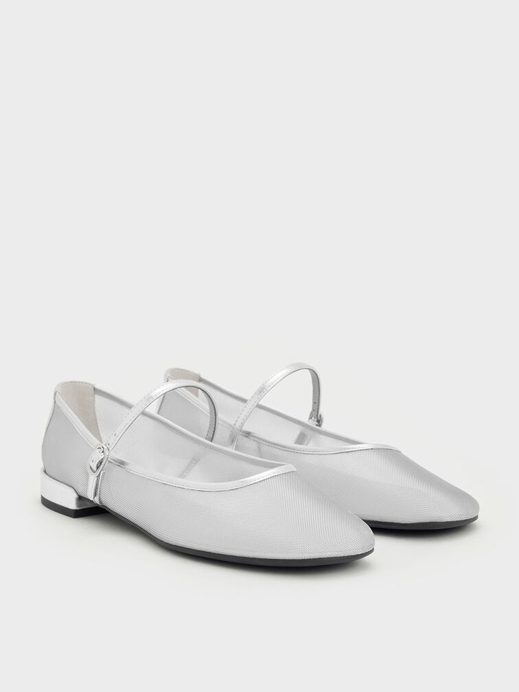 Gertrude Mesh Mary Jane Flats, Silver, hi-res