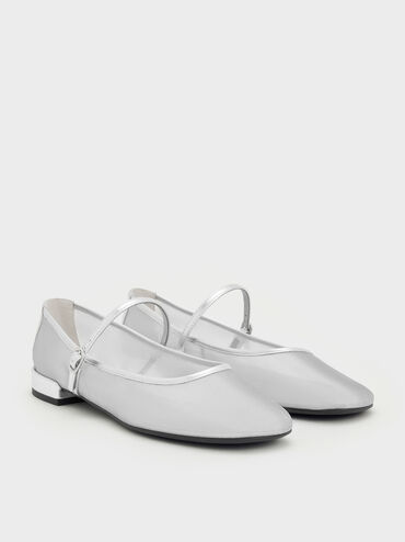 Gertrude Mesh Mary Jane Flats, Silver, hi-res