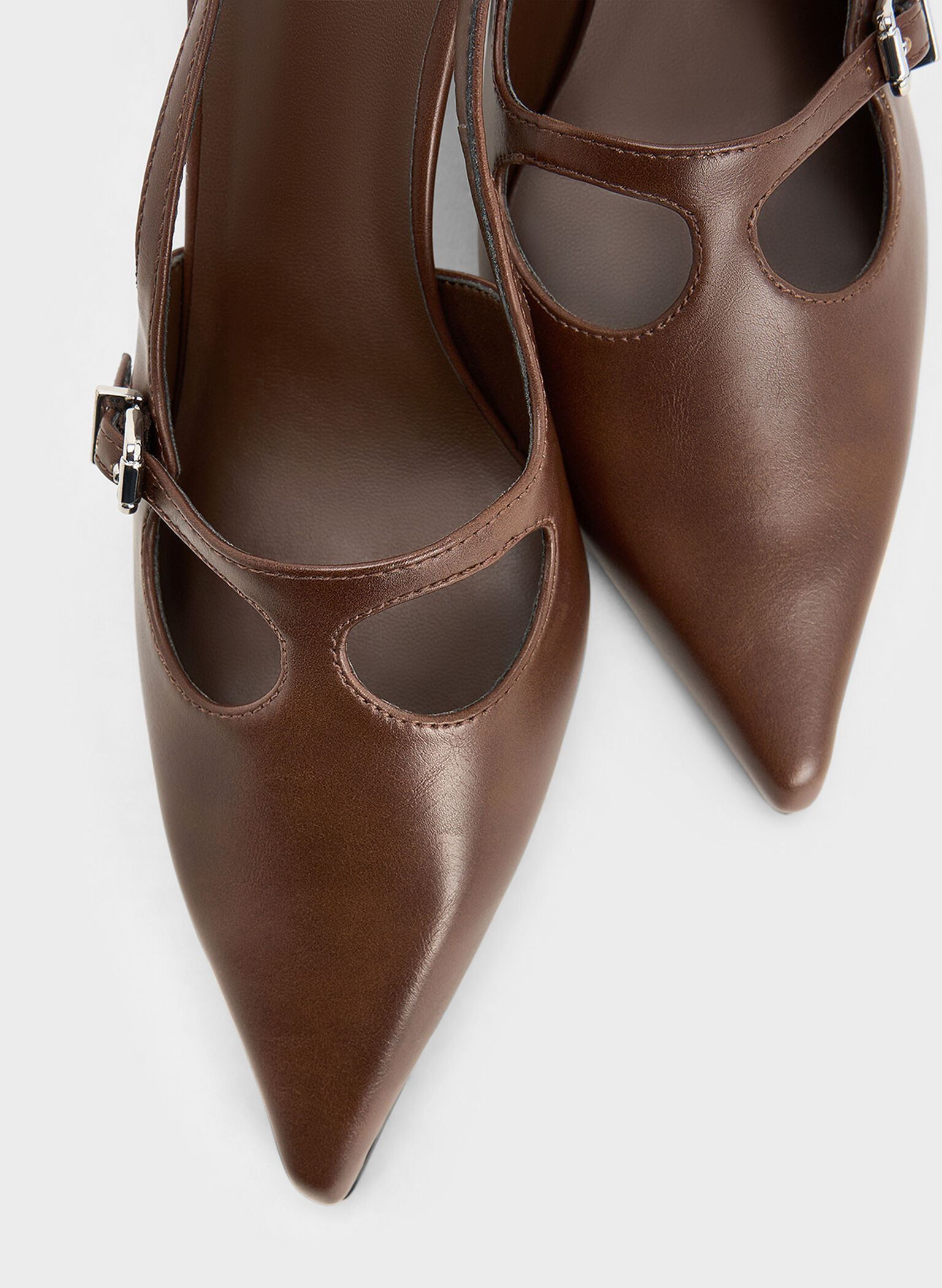 T-Bar Pointed-Toe Slingback Pumps, Brown, hi-res