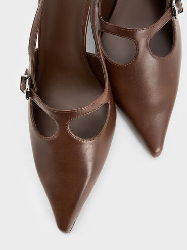 T-Bar Pointed-Toe Slingback Pumps, Brown, hi-res