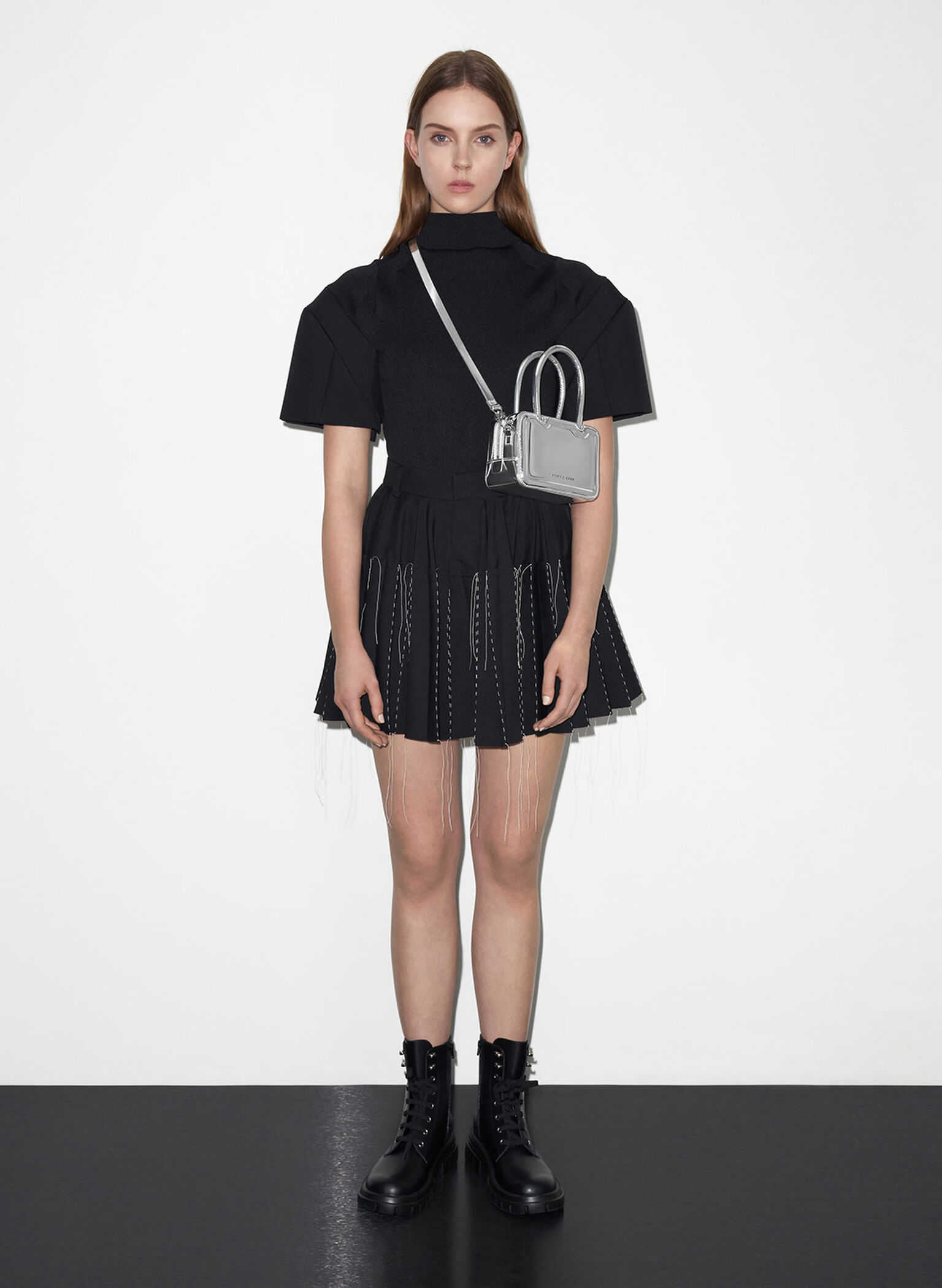 Perline Metallic Elongated Top Handle Bag, Silver, hi-res