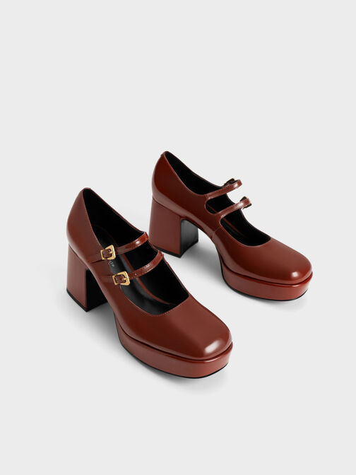 Patent Block Heel Mary Janes, Cognac, hi-res