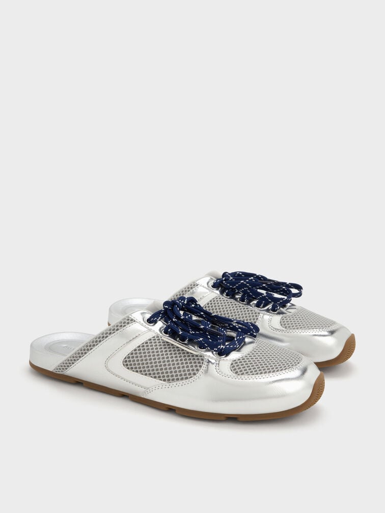 Metallic Mesh Patterned-Lace Slip-On Sneakers, Silver, hi-res