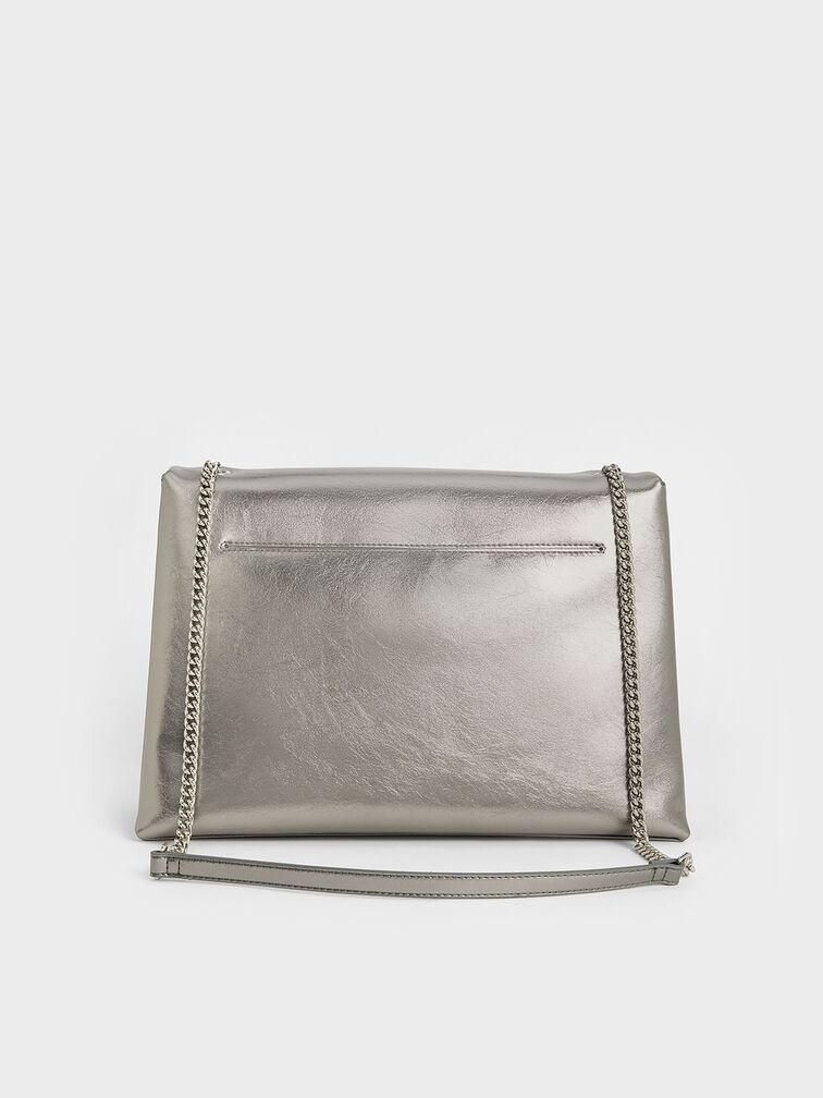 Sianna Metallic Crinkle-Effect Chain-Handle Shoulder Bag, Pewter, hi-res