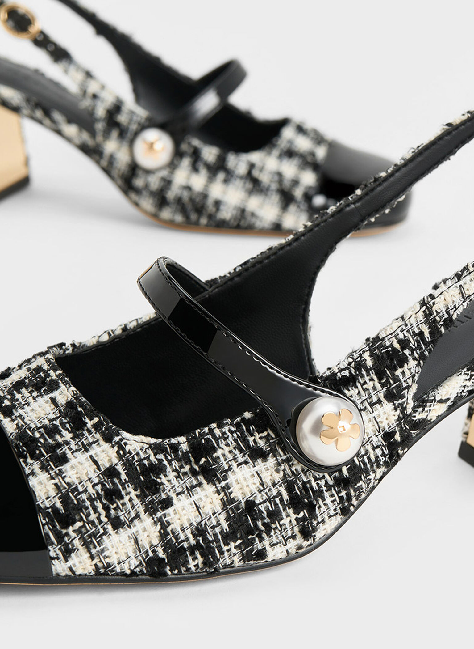 Aeryn Tweed Pearl-Embellished Slingback Pumps, Black Textured, hi-res