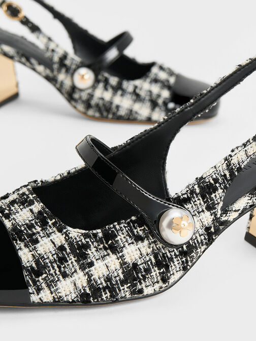 Aeryn Tweed Pearl-Embellished Slingback Pumps, Black Textured, hi-res