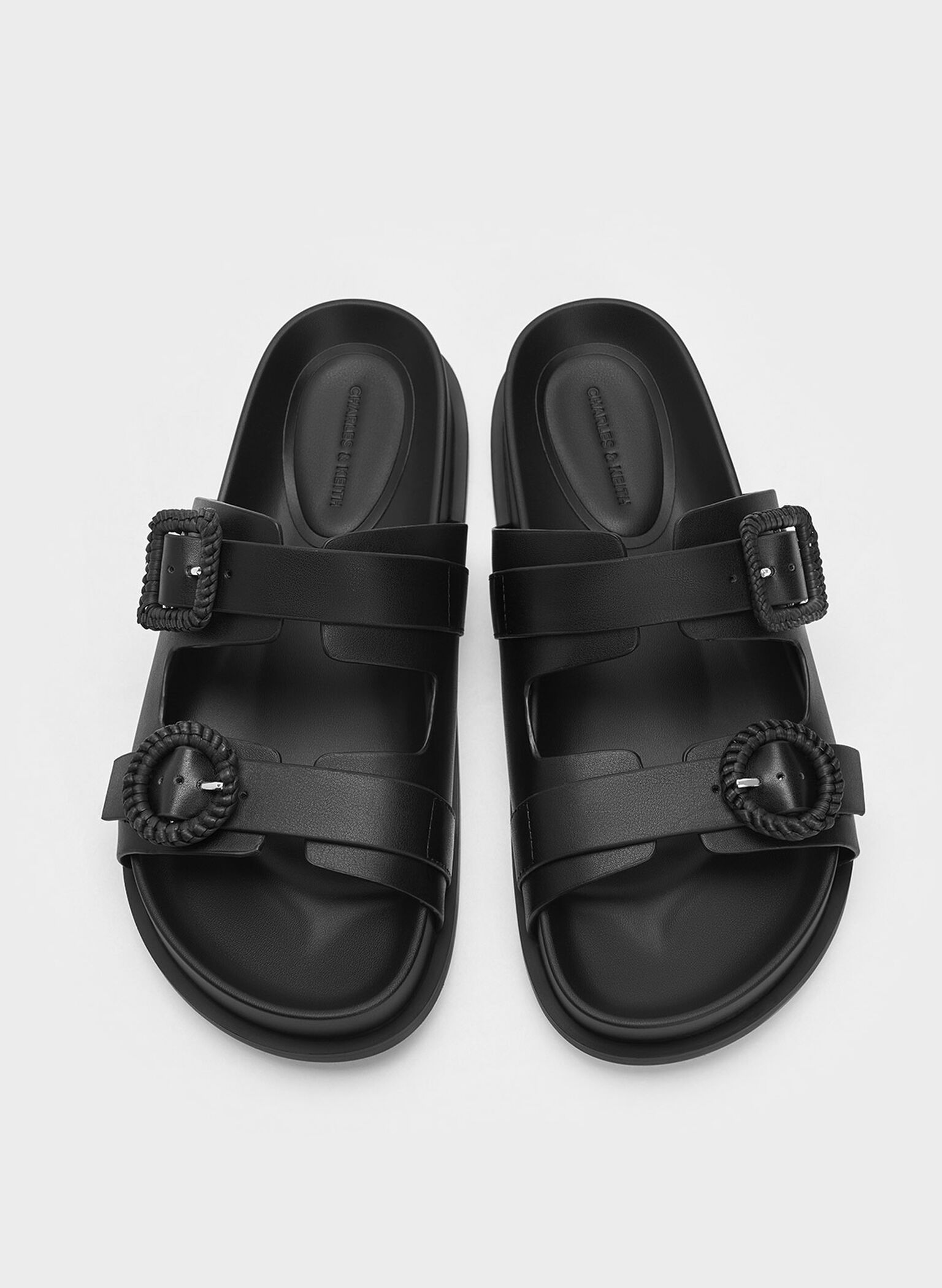 Woven-Buckle Double-Strap Sandals, Black, hi-res