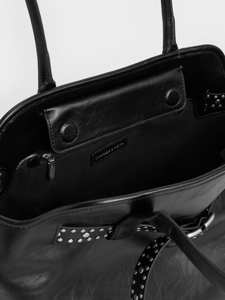 Victoria Studded Belted Trapeze Tote Bag, Noir, hi-res