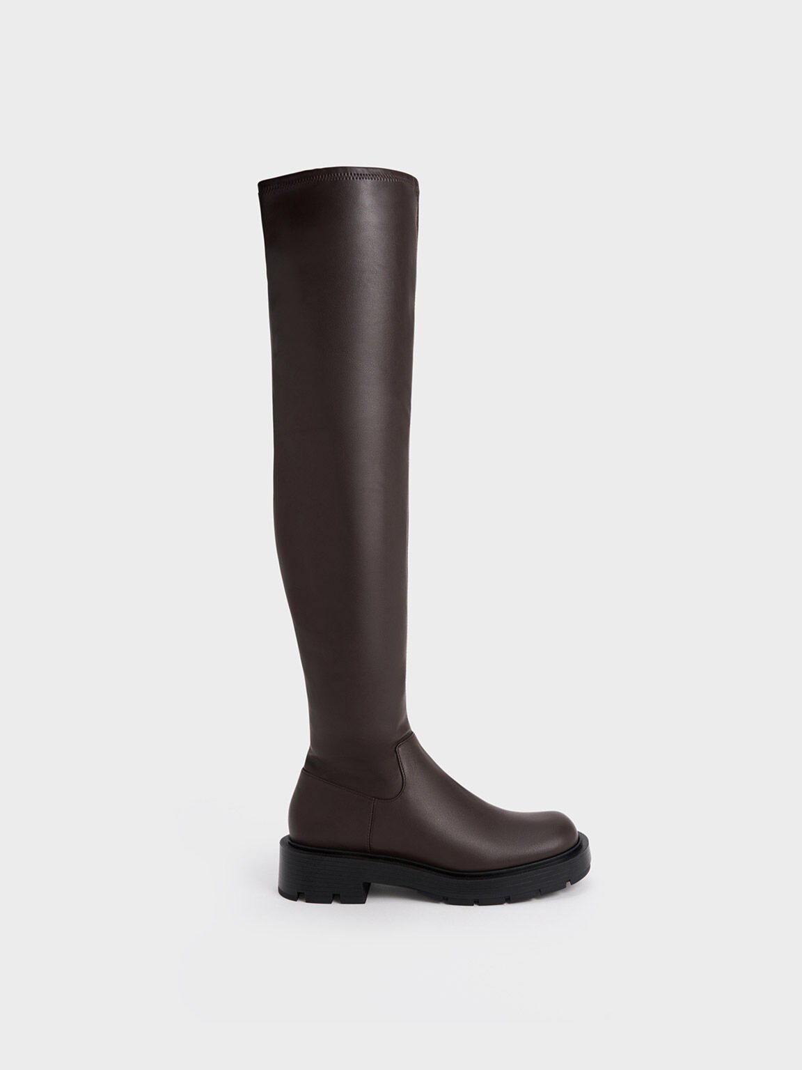 Flat brown best sale thigh high boots