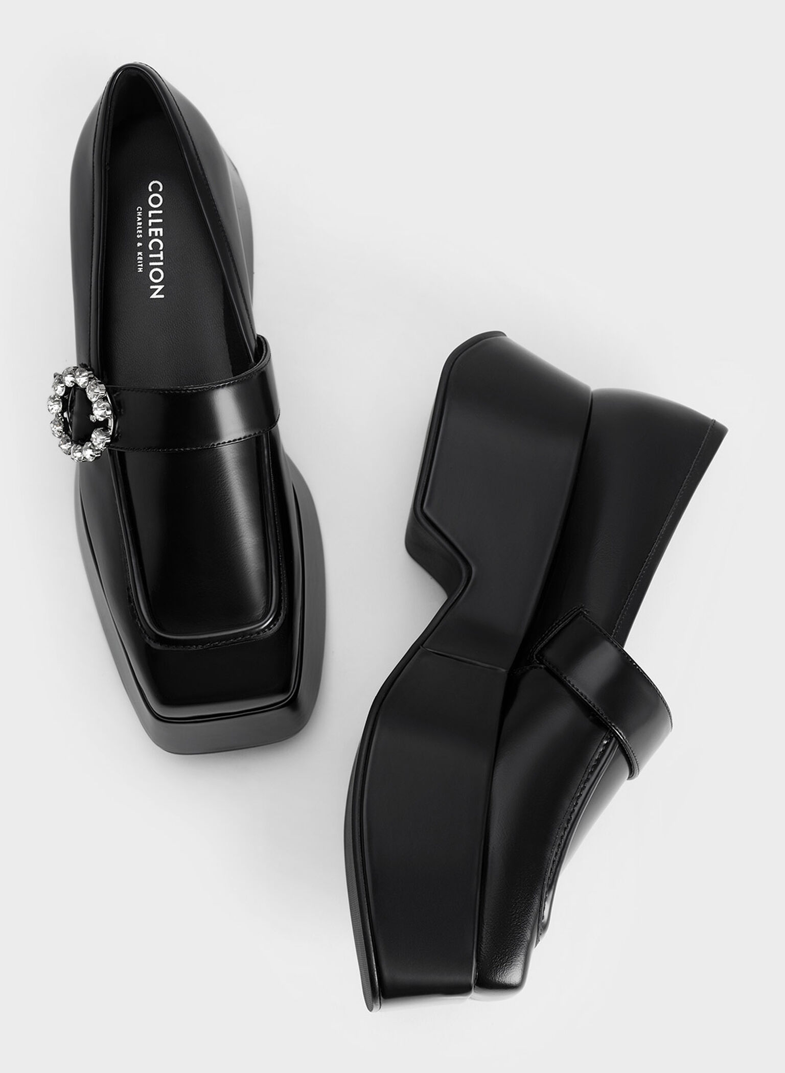 Gem-Embellished Chunky Platform Loafers, Black, hi-res