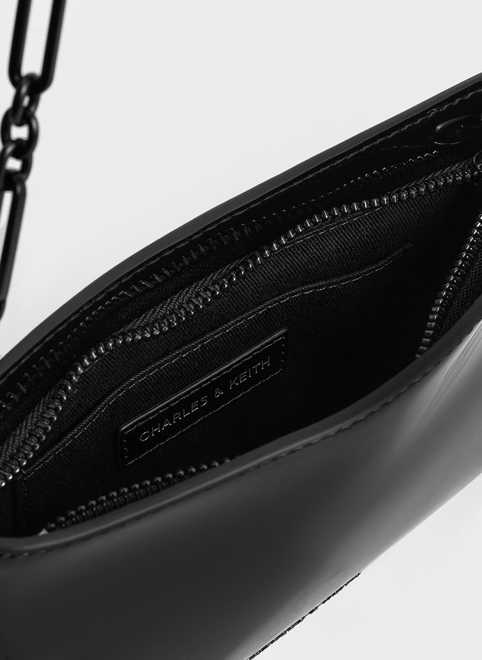Patent Chain-Handle Shoulder Bag, Jet Black, hi-res