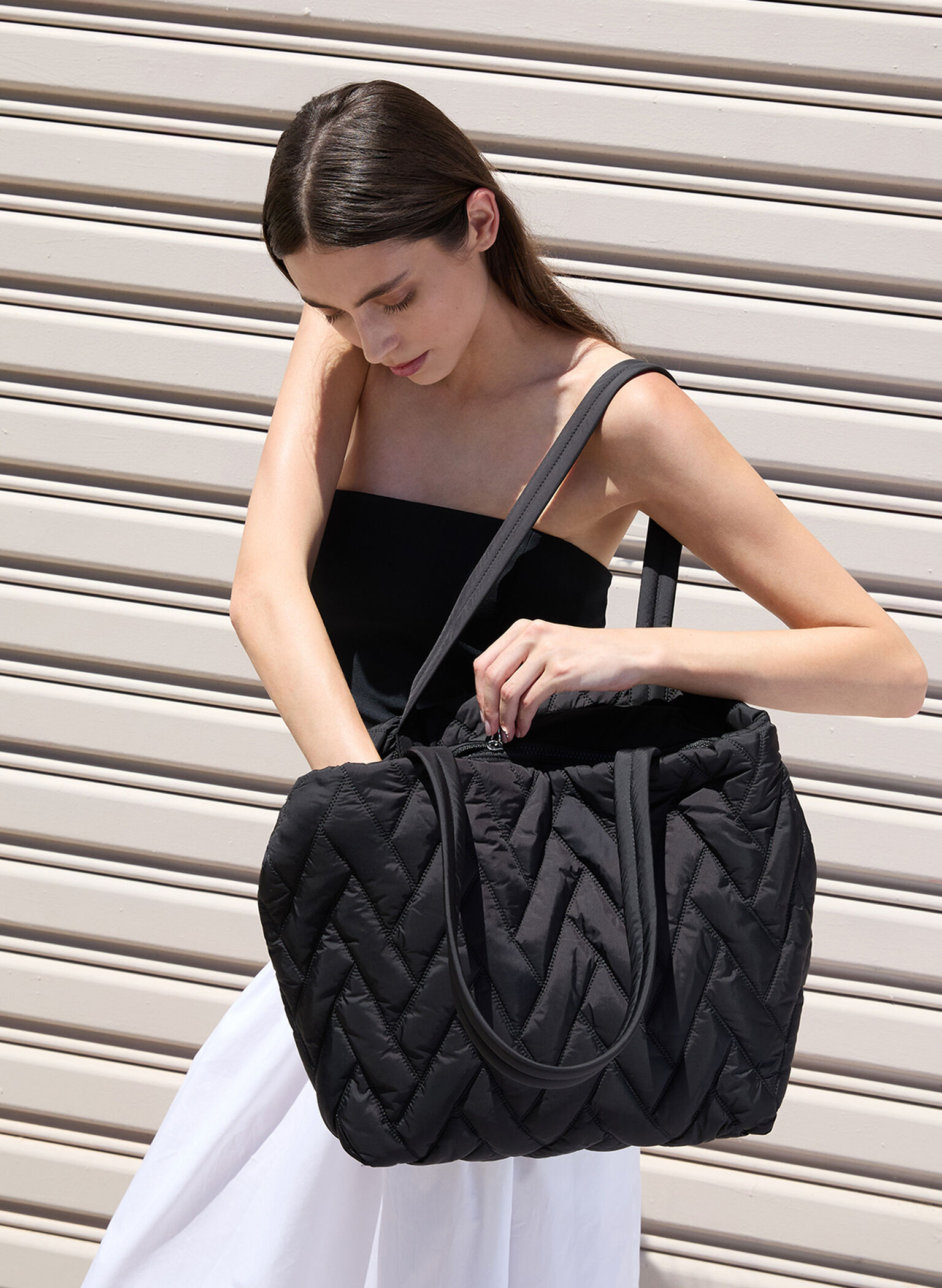 Nylon Chevron Tote Bag, Jet Black, hi-res