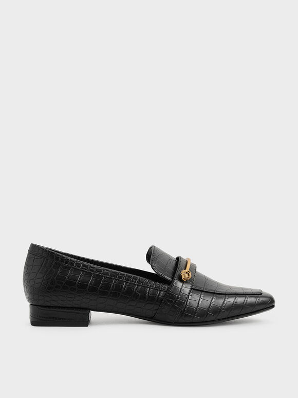 Croc-Effect Metallic Accent Penny Loafers, Animal Print Black, hi-res
