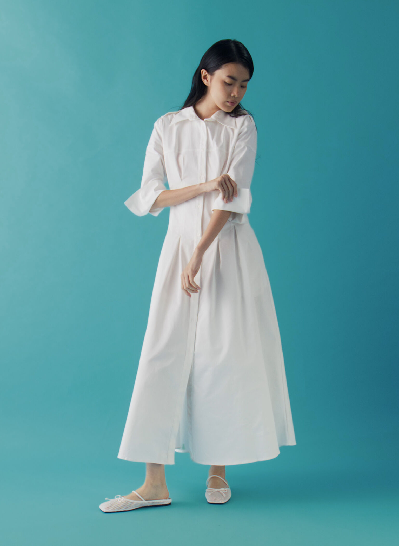 Mesh Bow Square-Toe Ballet Mules, White, hi-res
