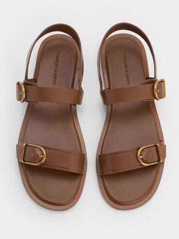 Double Buckle-Strap Slingback Sandals, Brown, hi-res