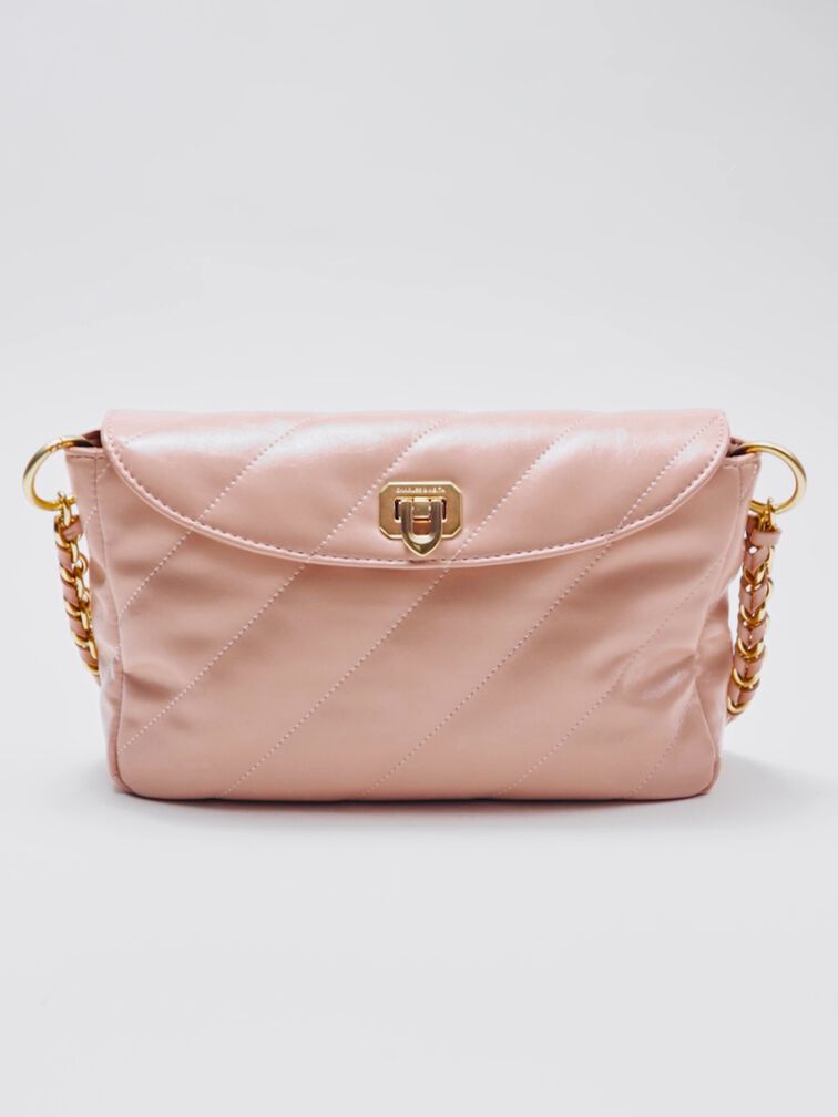 Fawn Panelled Front Flap Chain-Handle Bag, Light Pink, hi-res