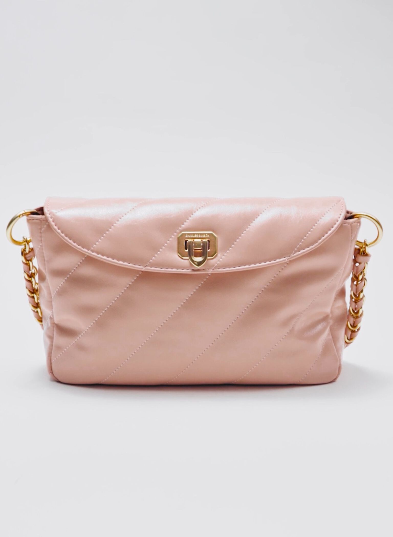 Fawn Panelled Front Flap Chain-Handle Bag, Light Pink, hi-res