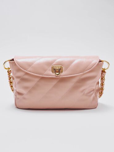 Fawn Panelled Front Flap Chain-Handle Bag, Light Pink, hi-res