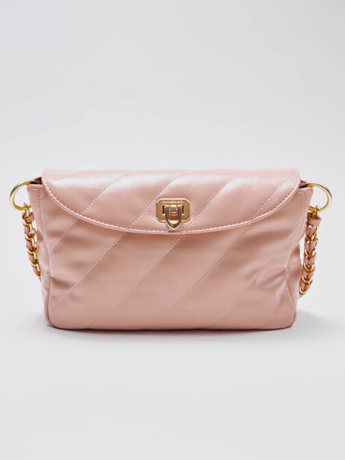 Fawn Panelled Front Flap Chain-Handle Bag, Light Pink, hi-res
