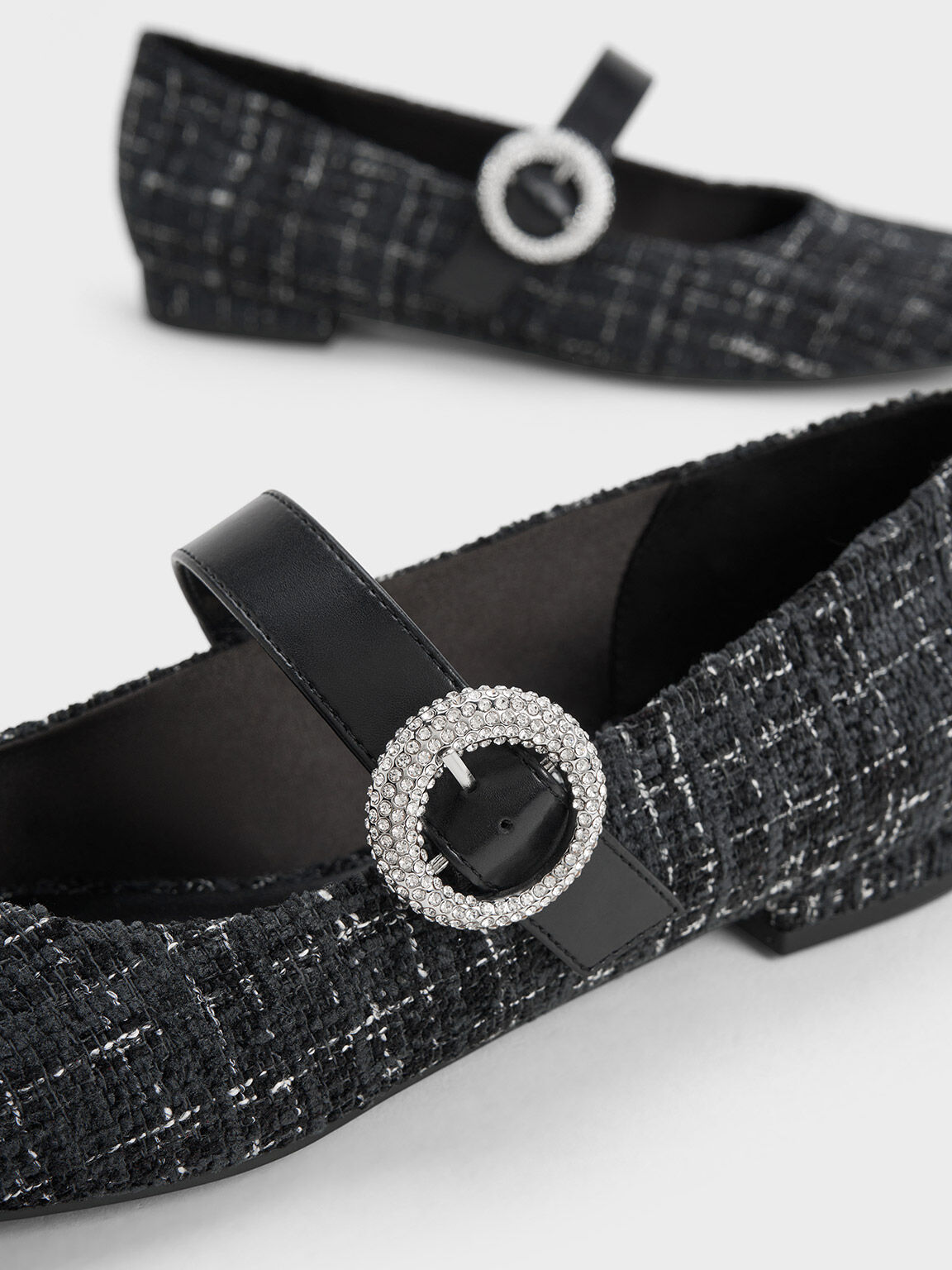 Multicoloured Tweed Crystal Embellished Buckle Mary Jane Flats