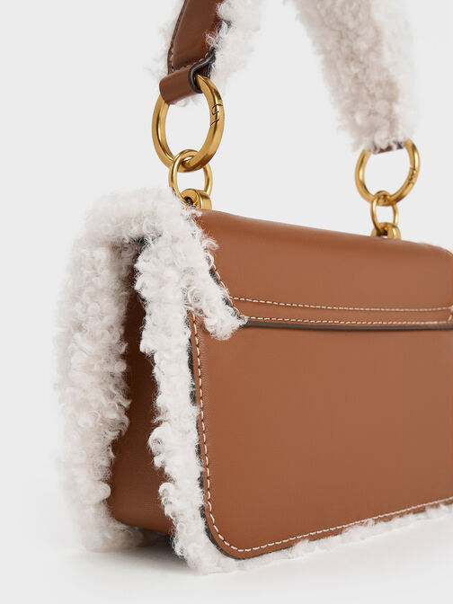 Fur-Trim Metallic Turn-Lock Bag, Camel, hi-res