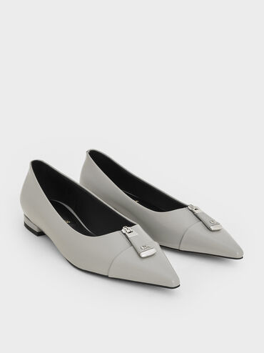Nina Leather Pointed Cap-Toe Flats, Grey, hi-res