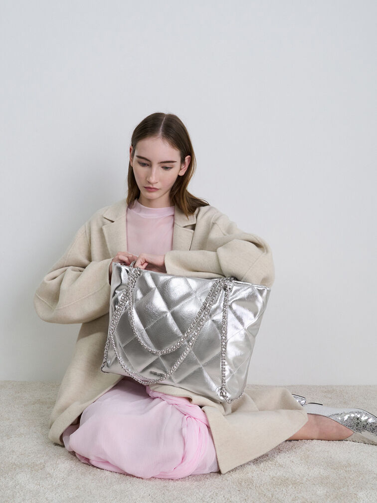 Apfra Metallic Quilted Chain-Embellished Tote Bag, Silver, hi-res