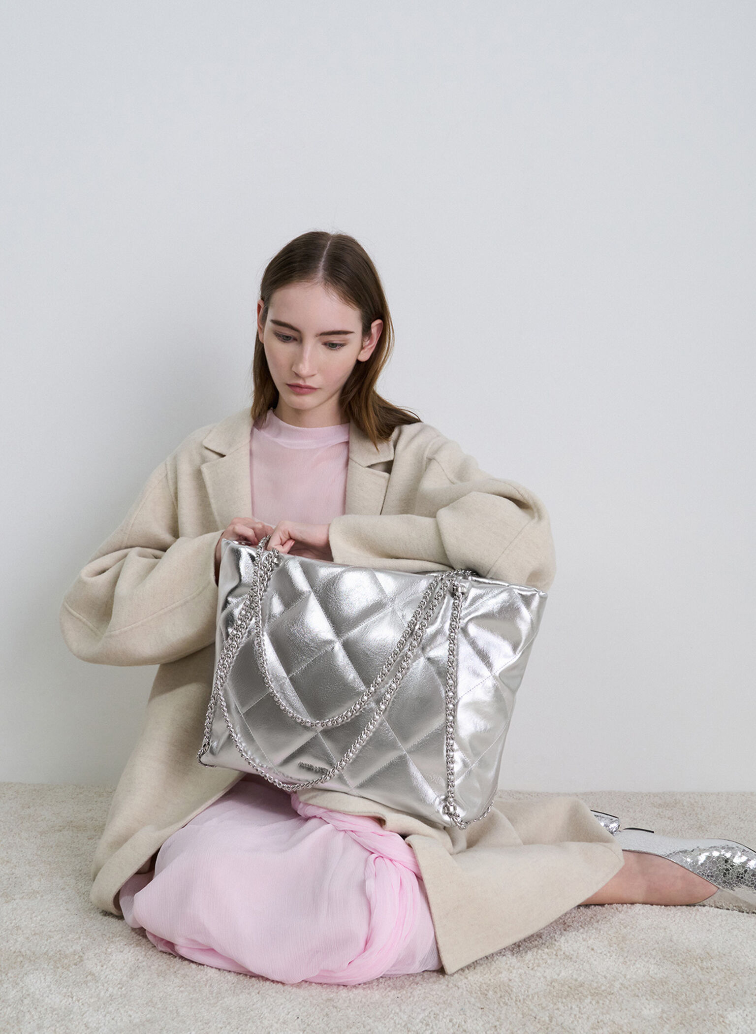 Apfra Metallic Quilted Chain-Embellished Tote Bag, Silver, hi-res