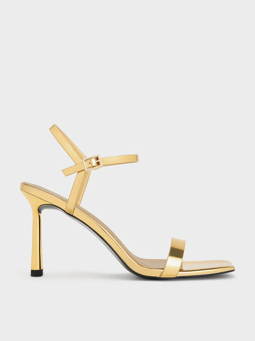 Metallic Square-Toe Ankle-Strap Heeled Sandals, Gold, hi-res