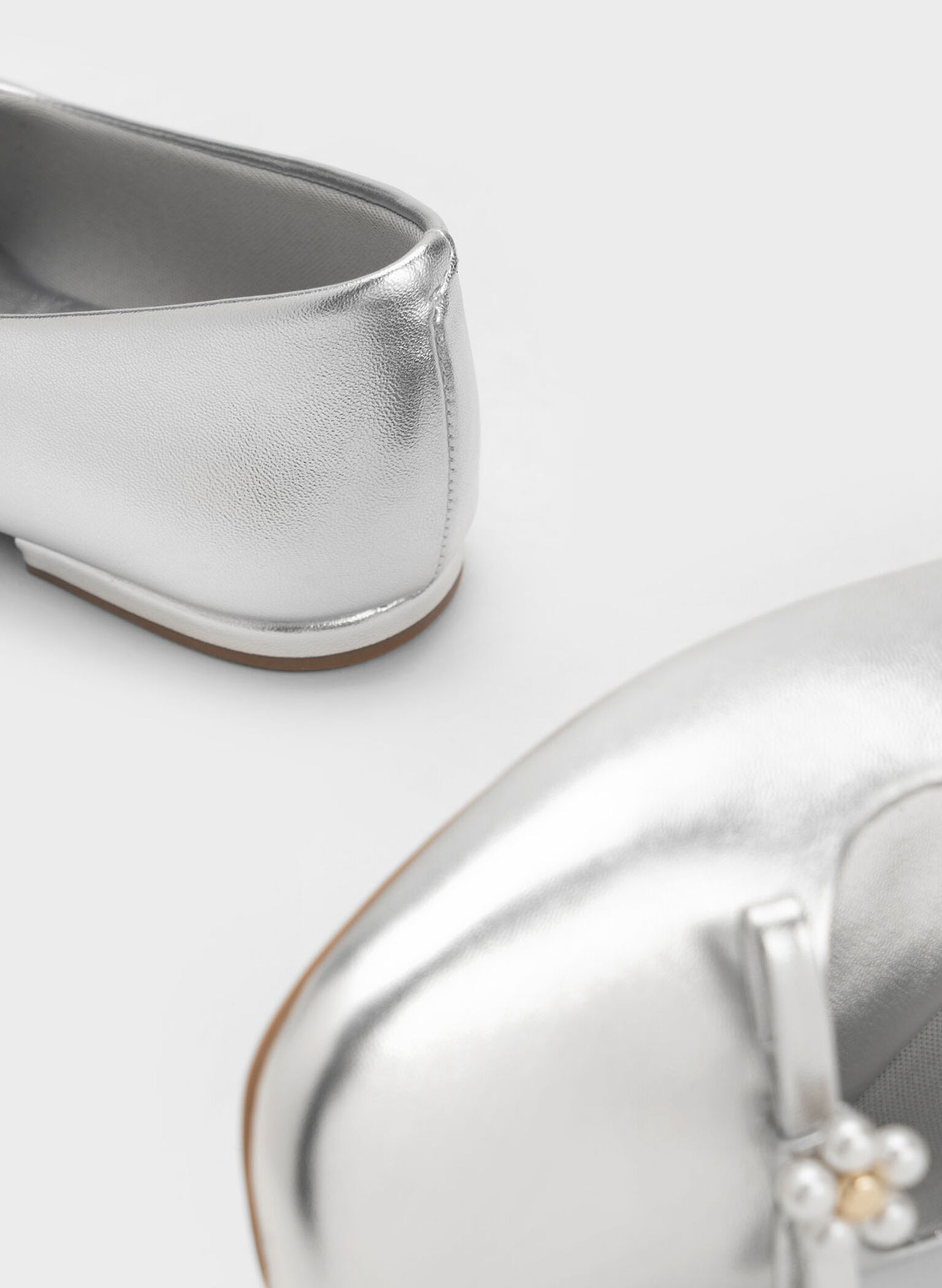 Girls' Floral Beaded Metallic Ballerinas, Silver, hi-res