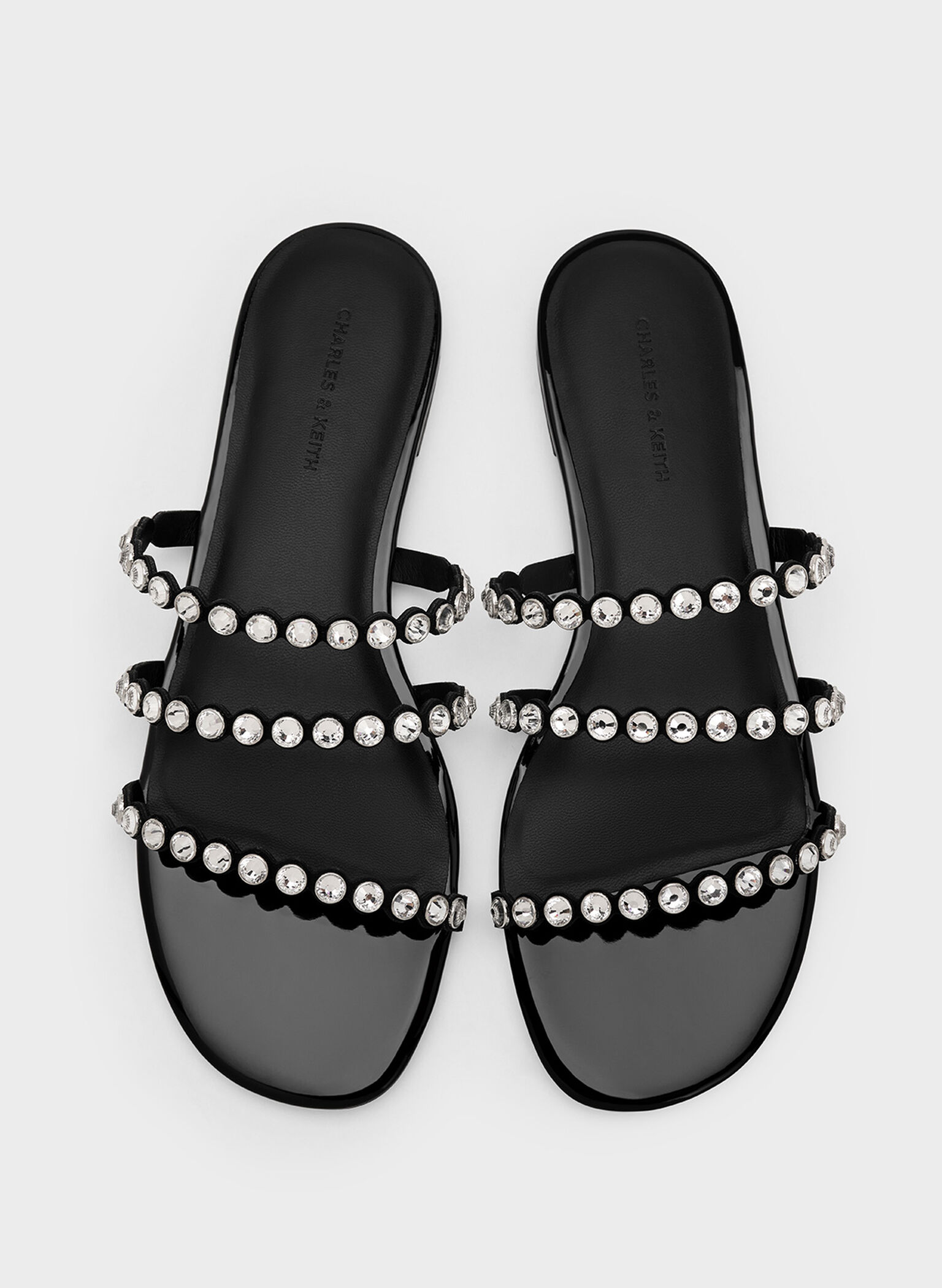 Crystal-Embellished Triple-Strap Sandals, Black Textured, hi-res