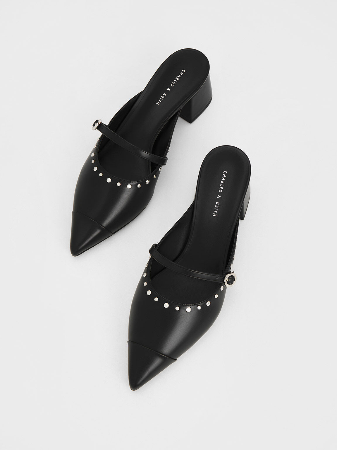 Studded Pointed Toe Block Heel Mules Black