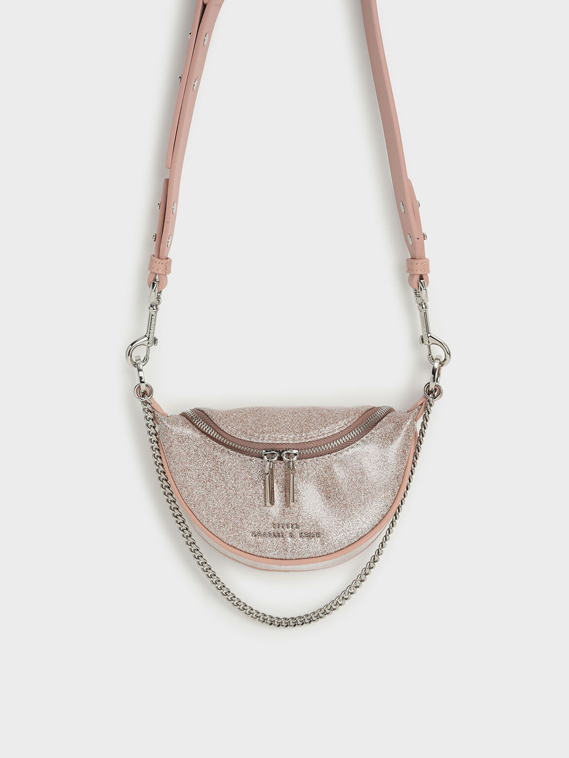 Girls' Glittered Chain-Embellished Crossbody Bag, Light Pink, hi-res