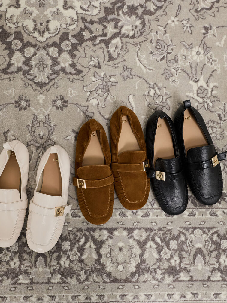 Cody Suede Metallic-Buckle Ruched Loafers, Brown, hi-res