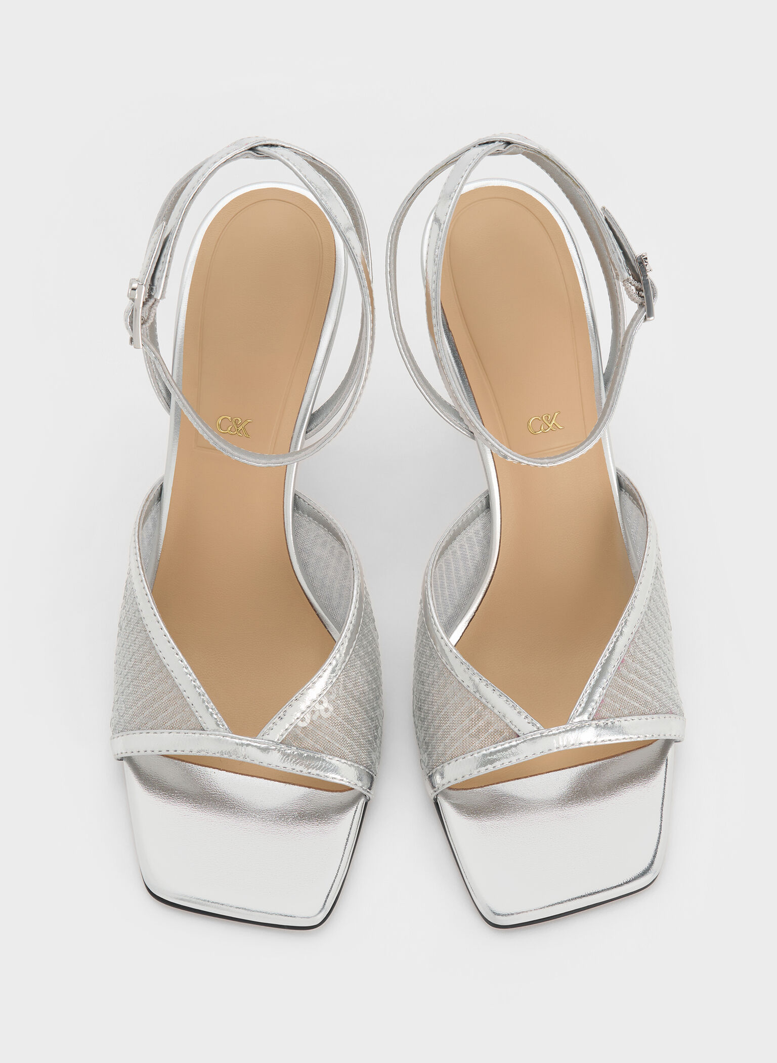 Sequin Mesh & Leather Ankle-Strap Heeled Sandals, Silver, hi-res